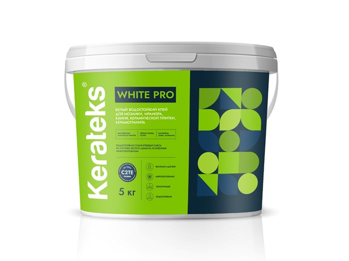 Цементный клей для керамогранита и плитки белый влагостойкий - "Kerateks White Pro" (класс С2ТЕ),5кг - фото 85494